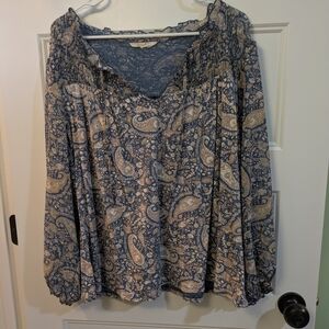 Lucky Brand Blue and Cream Paisley Peasant Top
